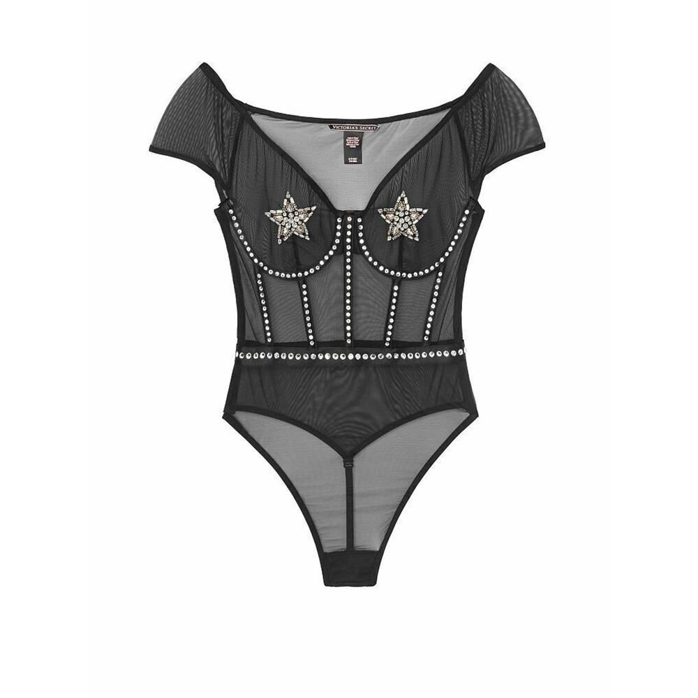 Victoria’s Secret Star Teddy Black Bodysuit Swarovski Rhinestones Medium - Picture 3 of 16